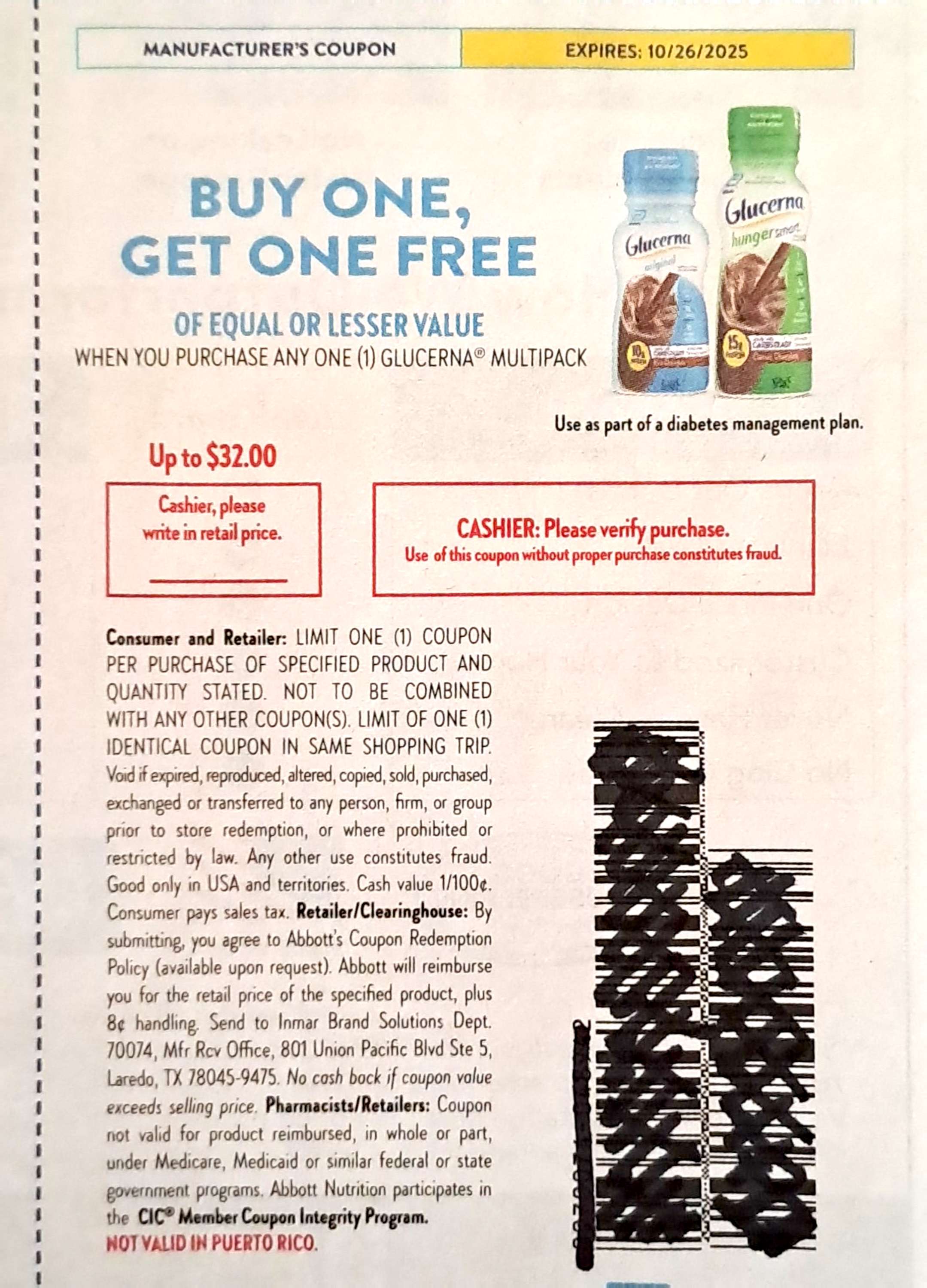 Glucerna Multipack Max Value $32.00 exp Sun 10/26/25