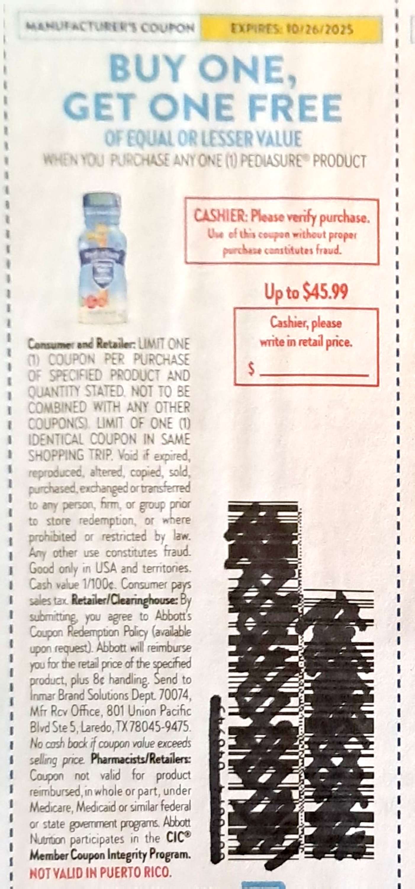 Pediasure Shake $45.99 exp Sun 10/26/25