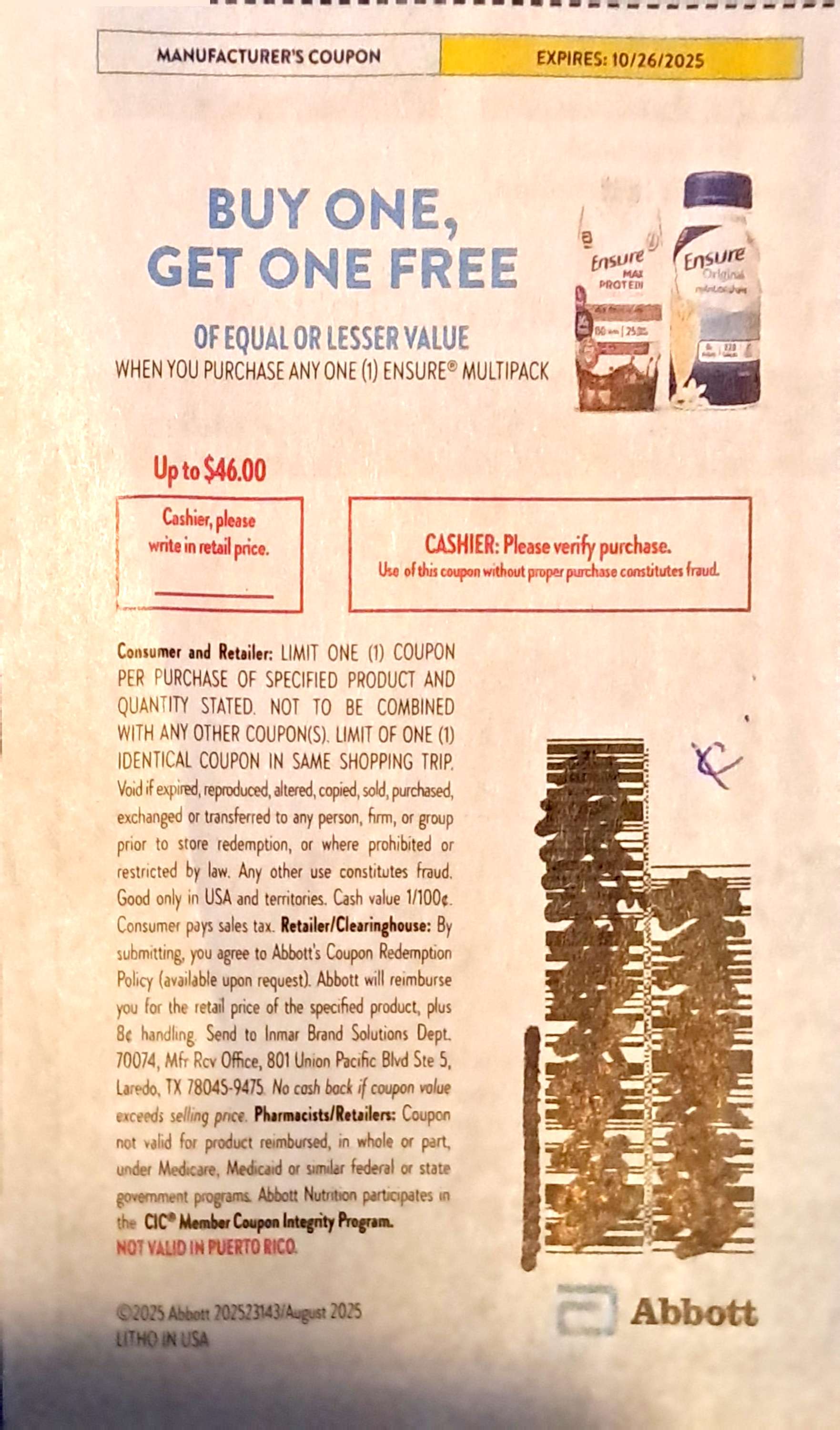 Ensure Multipack Shake $46.00 exp Sun 10/26/25